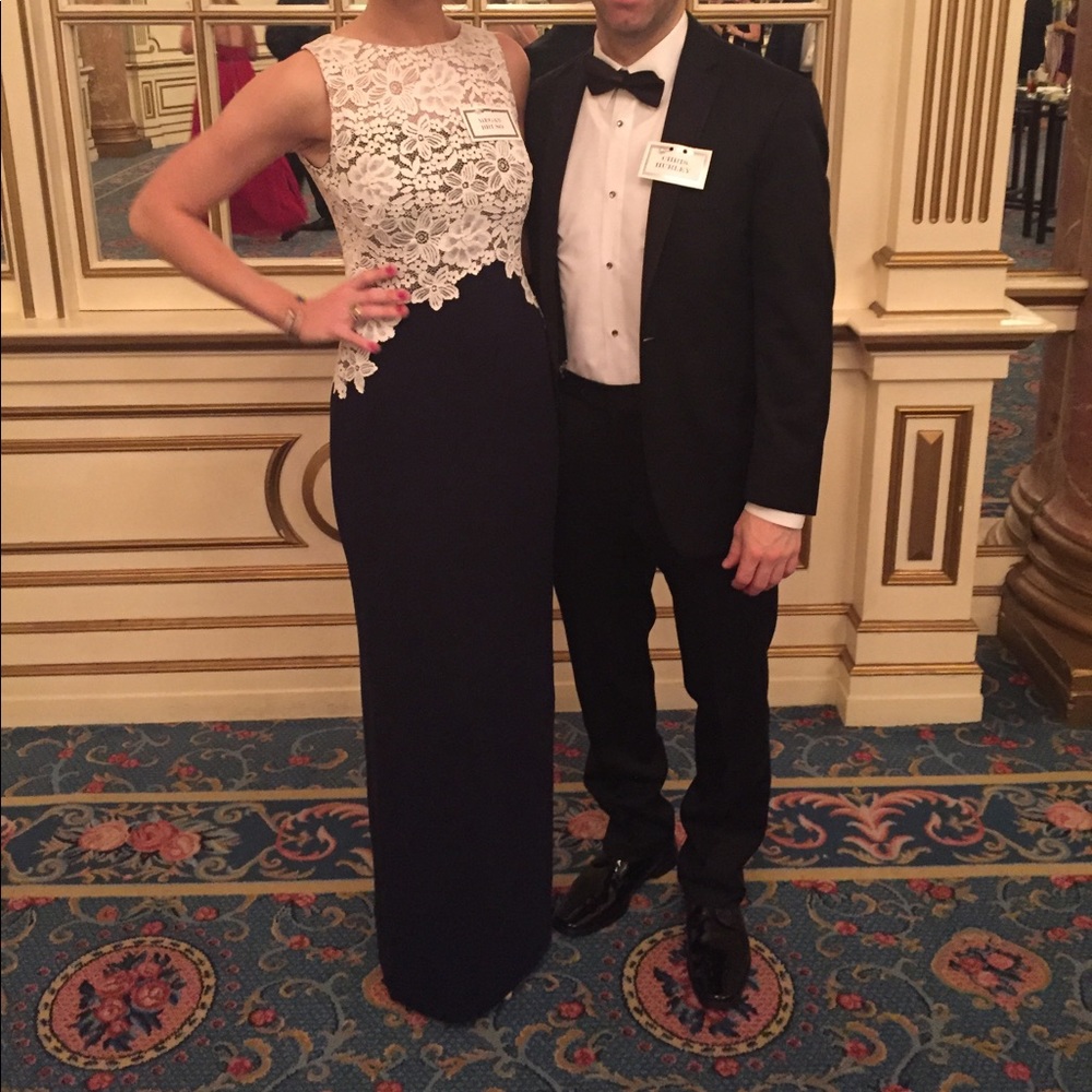 Size 2: Navy with white lace gown